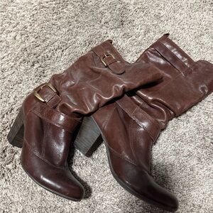Aldo Brown Slouchy Mid-Calf Leather Boots with Buckle